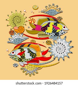 Abstract background with stylized fishes and shells. Maritime decoration. Modern print for t-shirts and fabric. Flat vector.