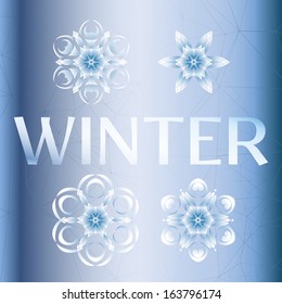 Abstract background with stylized geometric snowflakes and 'winter' lettering