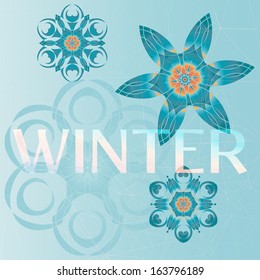 Abstract background with stylized geometric snowflakes and 'winter' lettering