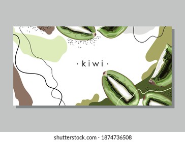 Abstract background. Stylized green kiwi with seeds. Banner, poster, sticker, label, logo, print, modern textile design. Vector illustration. 
