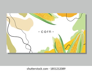 Abstract background. Stylized yellow corn with leaves. Organic sweet corn. Banner, poster, sticker, label, logo, print, modern textile design. Vector illustration. 