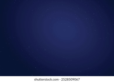 Abstract background. Subtle flying snow flakes and stars on dark blue night background. The stars glow in complete darkness. Fantastic galaxy. Open space. EPS Vector Illustration