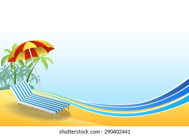 Abstract background summer beach vacation deck chair red umbrella green palm blue yellow frame illustration vector