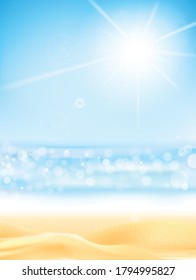 Antecedentes abstractos del concepto de vacaciones de verano, playa de arena sobre fondo azul del cielo, ilustración vectorial 