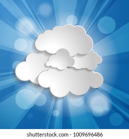 Abstract background with sun rays and clouds on a blue background