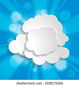 Abstract background with sun rays and white paper clouds on a blue background