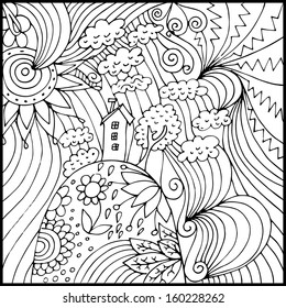 Abstract background with sun, trees, house and clouds in outlines