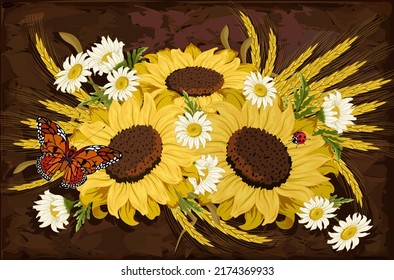 Abstract background with sunflowers.Vector illustration with sunflowers, daisies and insects on a colorful abstract background.