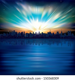 abstract background with sunrise stars and silhouette of new york