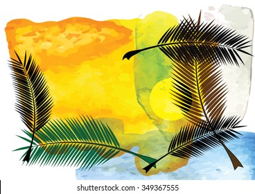 Abstract background sunset at the beach with coconut leaves for border 