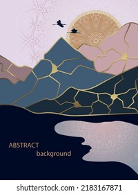 Abstract background Sunset in the mountains. Mandala and golden outline of mountains. Kintsugi art. 
