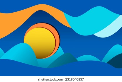 Abstract background of a sunset over the sea with wavy and colorful overlapping sheets