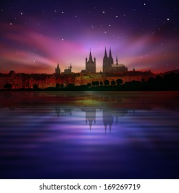 abstract background with sunset and silhouette of cologne