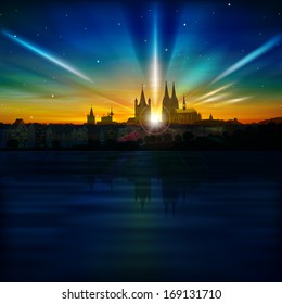 abstract background with sunset and silhouette of Koln