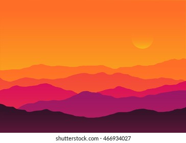 Abstract background sunset silhouette mountain scenery, twilight time, vector illustration