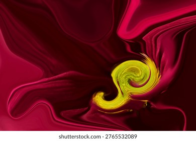 Abstract background with swirling paint effect liquid acrylic paint background 
This image is an abstract digital artwork featuring fluid, swirling patterns. 
The composition utilizes a rich color palette of deep maroon or crimson red. 
A vibrant, golden-yellow spiral contrast is centrally featured, creating a dynamic visual effect. 
The flowing lines suggest a liquid or marble-like texture  3d abstract abstract graphics 2026