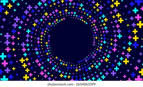Abstract background with a swirling pattern of colorful plus signs on a dark blue background. Ideal for technology, data, or digital themes.
