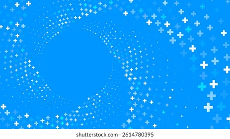 Abstract background with a swirling pattern of white and teal plus signs radiating from  central area.