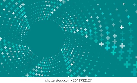 Abstract background with a swirling pattern of white and teal plus signs radiating from  central area.