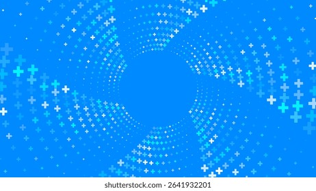 Abstract background with a swirling pattern of white and teal plus signs radiating from  central area