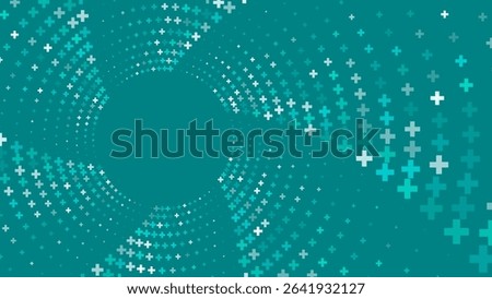 Abstract background with a swirling pattern of white and teal plus signs radiating from  central area.