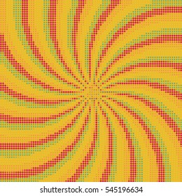 Abstract background of swirling rays with a color halftone effect