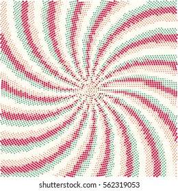 Abstract background of swirling rays with a color halftone effect
