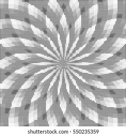 Abstract background of swirling rays with a monochrome halftone effect
