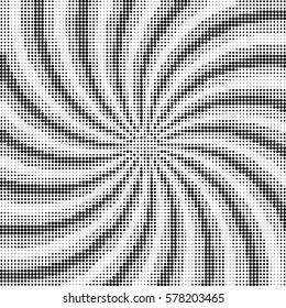 Abstract background of swirling rays with a monochrome halftone effect