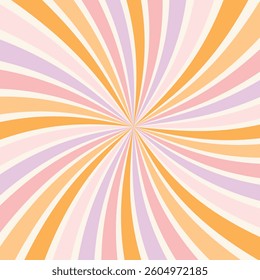 Abstract background with swirling rays in a retro 70s style.Groovy. Bright pastel stripes create a dynamic effect. Suitable for backgrounds, banners, greeting cards, and design.