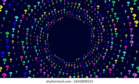 Abstract background with a swirling vortex of colorful question marks on dark backdrop