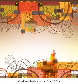 Abstract background with swirls and colorful rectangles.