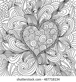 Abstract background with swirls, waves and heart. Zen tangle. Black and white template for card, invitation, textile and wrapping. Adult coloring books. Hand draw vector Illustration.