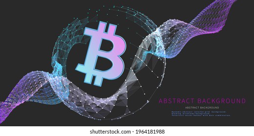 Abstract  background with symbol bitcoin and  poligonale wire grid. Concept for business, mining and finance. Abstract banner blockchain technology for cryptocurrency.  