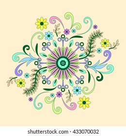 Abstract Background with Symbolical Floral Patterns, Colorful Ornament. Vector