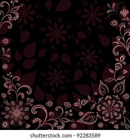 Abstract background with a symbolical pink flowers, leaves and contours. Vector