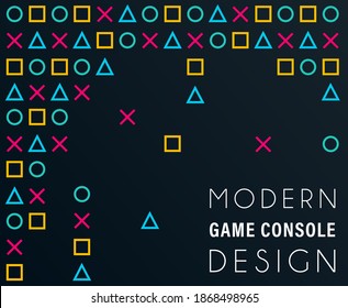 Abstract background symbols of the game joystick cross, triangle, square, circle design game console with frame. Design template background geometric symbols play station icons. Vector illustration.