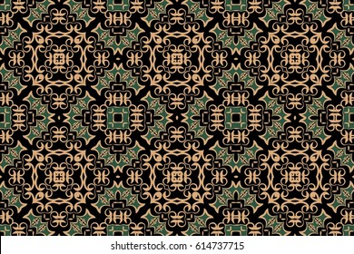 Abstract background of a symmetrical medieval pattern in a delicate, ornate of elements of geometric shapes in green tones