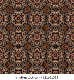Abstract background of a symmetrical medieval pattern in a delicate, ornate of elements of geometric shapes in brown tones
