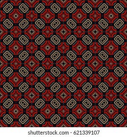 Abstract background of a symmetrical openwork retro pattern of elements of wavy lines, geometric figures of ovals of red color