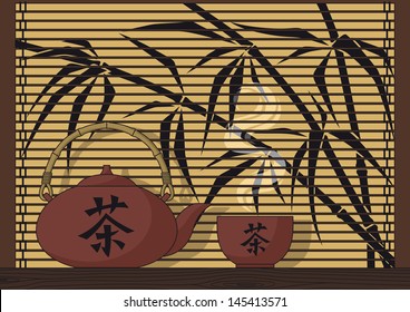 Abstract background with teapot and a drinking bowl of tea on bamboo background.