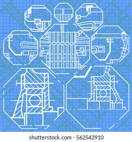 Abstract background with technical blueprint of mechanics. Engineering illustration.
