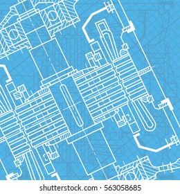 Abstract background with technical blueprint of mechanics. Engineering illustration.