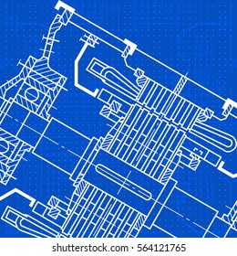 Abstract background with technical blueprint of mechanics. Engineering illustration.