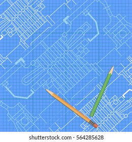 Abstract background with technical blueprint of mechanics and pencils. Engineering illustration.
