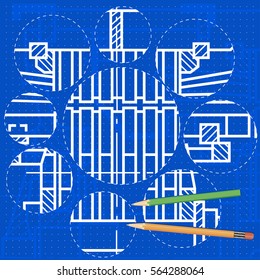 Abstract background with technical blueprint of mechanics and pencils. Engineering illustration.