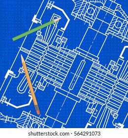 Abstract background with technical blueprint of mechanics and pencils. Engineering illustration.