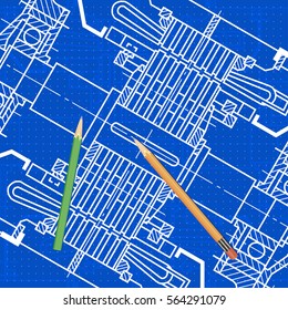 Abstract background with technical blueprint of mechanics and pencils. Engineering illustration.