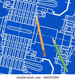 Abstract background with technical blueprint of mechanics and pencils. Engineering illustration.