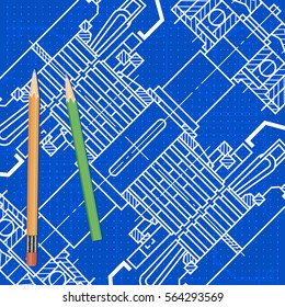 Abstract background with technical blueprint of mechanics and pencils. Engineering illustration.